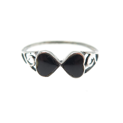 925 Sterling Silver Vintage Real Black Onyx Double Heart Spiral Ring Size 7.5