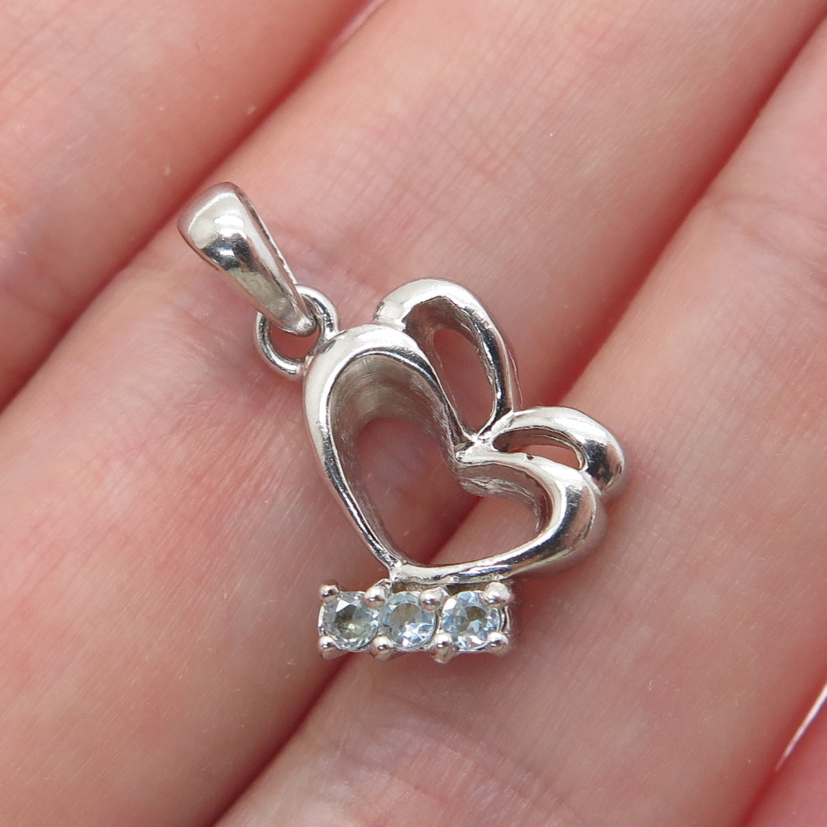 925 Sterling Silver Vintage Real Blue Topaz Double Heart Minimalist Pendant