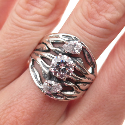 925 Sterling Silver Vintage Round & Pear-Cut C Z Modernist Oxidized Ring Size 10