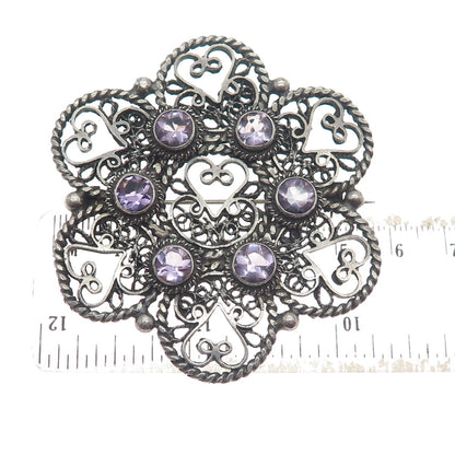 925 Sterling Silver Antique Real Amethyst Filigree Flower Heart Oxidized Brooch