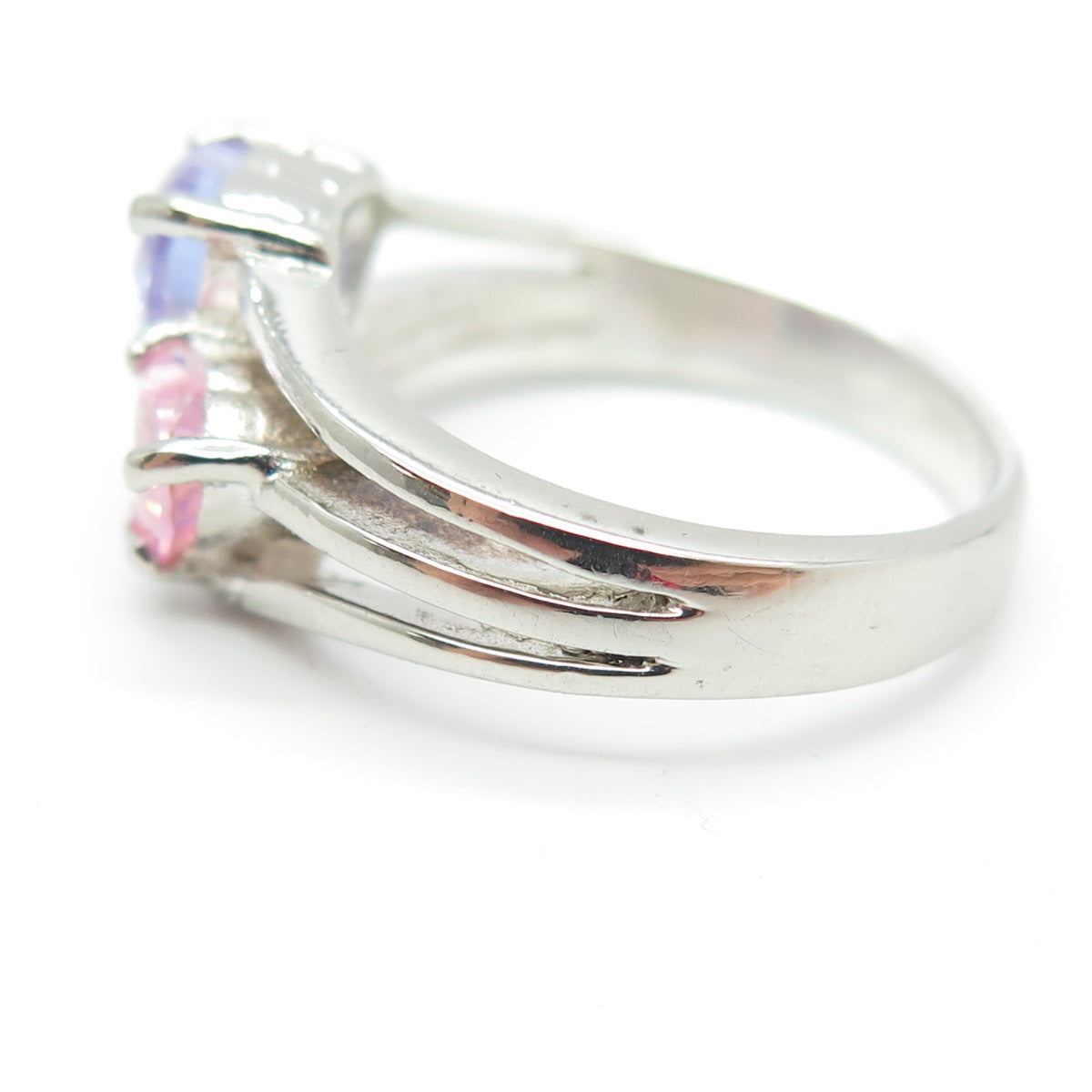 925 Sterling Silver Purple & Pink C Z Heart Ring Size 6.75