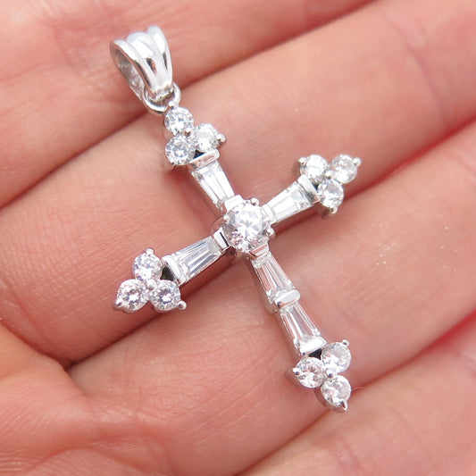 925 Sterling Silver Round & Tapered Baguette-Cut C Z Cross Charm Pendant