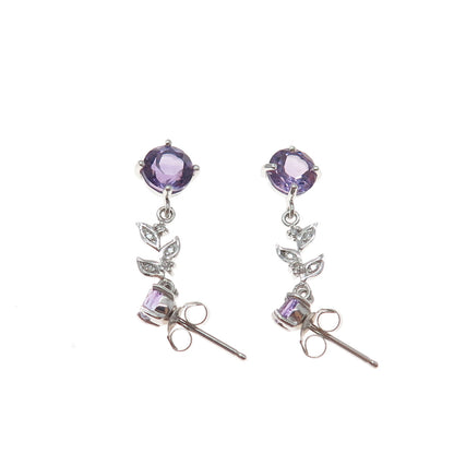 925 Sterling Silver Real Diamond & Amethyst Floral Leaf Dangle Earrings
