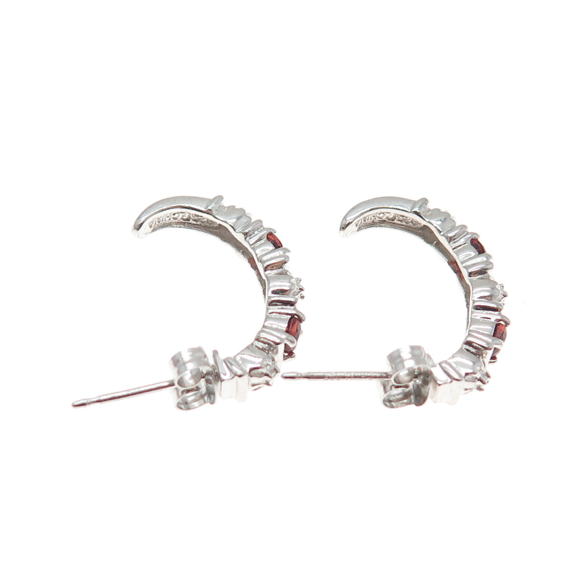 ROSS SIMONS 925 Sterling Silver Real Diamond & Red Garnet Half Hoop Earrings