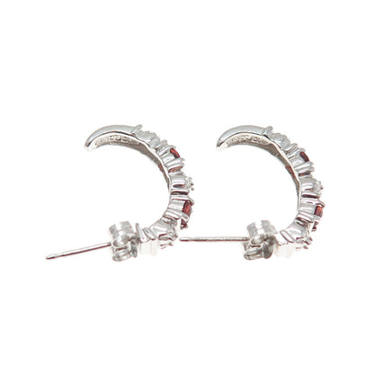 ROSS SIMONS 925 Sterling Silver Real Diamond & Red Garnet Half Hoop Earrings