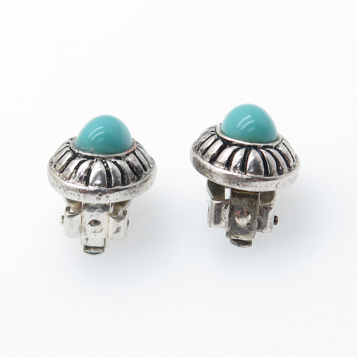 Old Pawn 925 Sterling Silver Vintage Lone Mountain Turquoise Clip On Earrings
