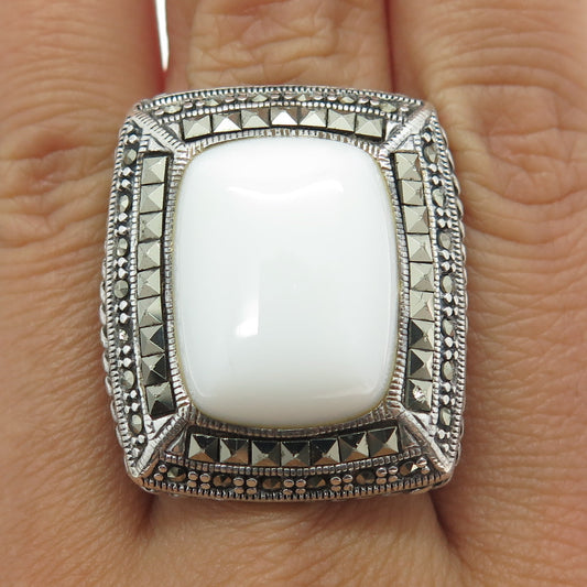 925 Sterling Silver Vintage White Onyx Marcasite Gem Statement Ring Size 7.75