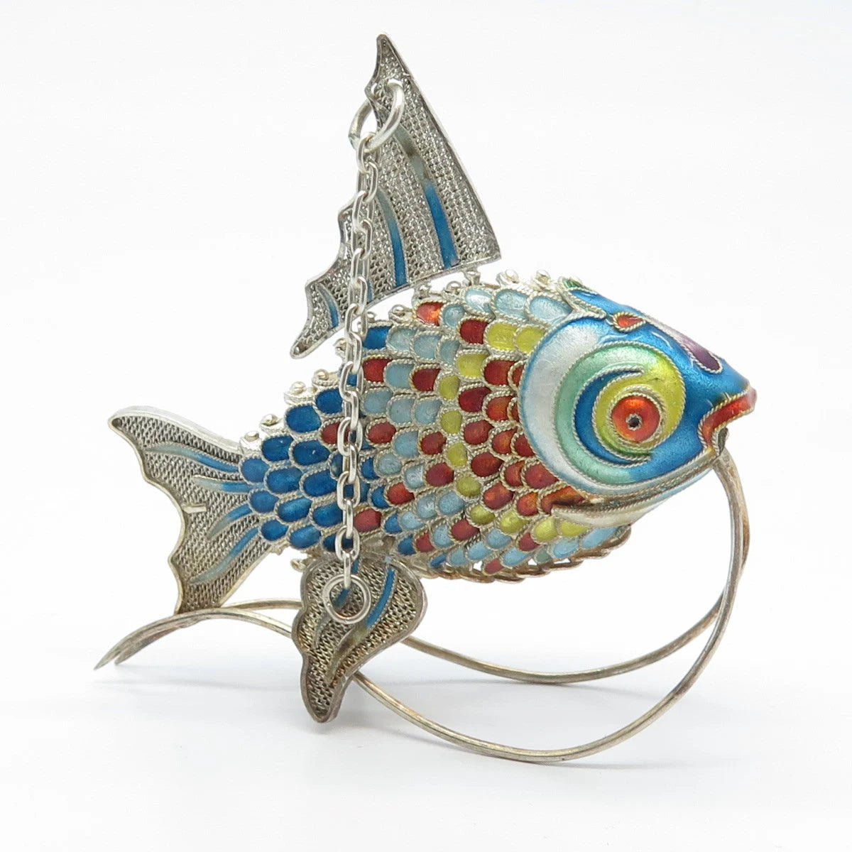 925 Sterling Silver Antique Enamel Articulated Chinese Koi Fish Chatelaine Fob