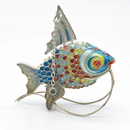925 Sterling Silver Antique Enamel Articulated Chinese Koi Fish Chatelaine Fob