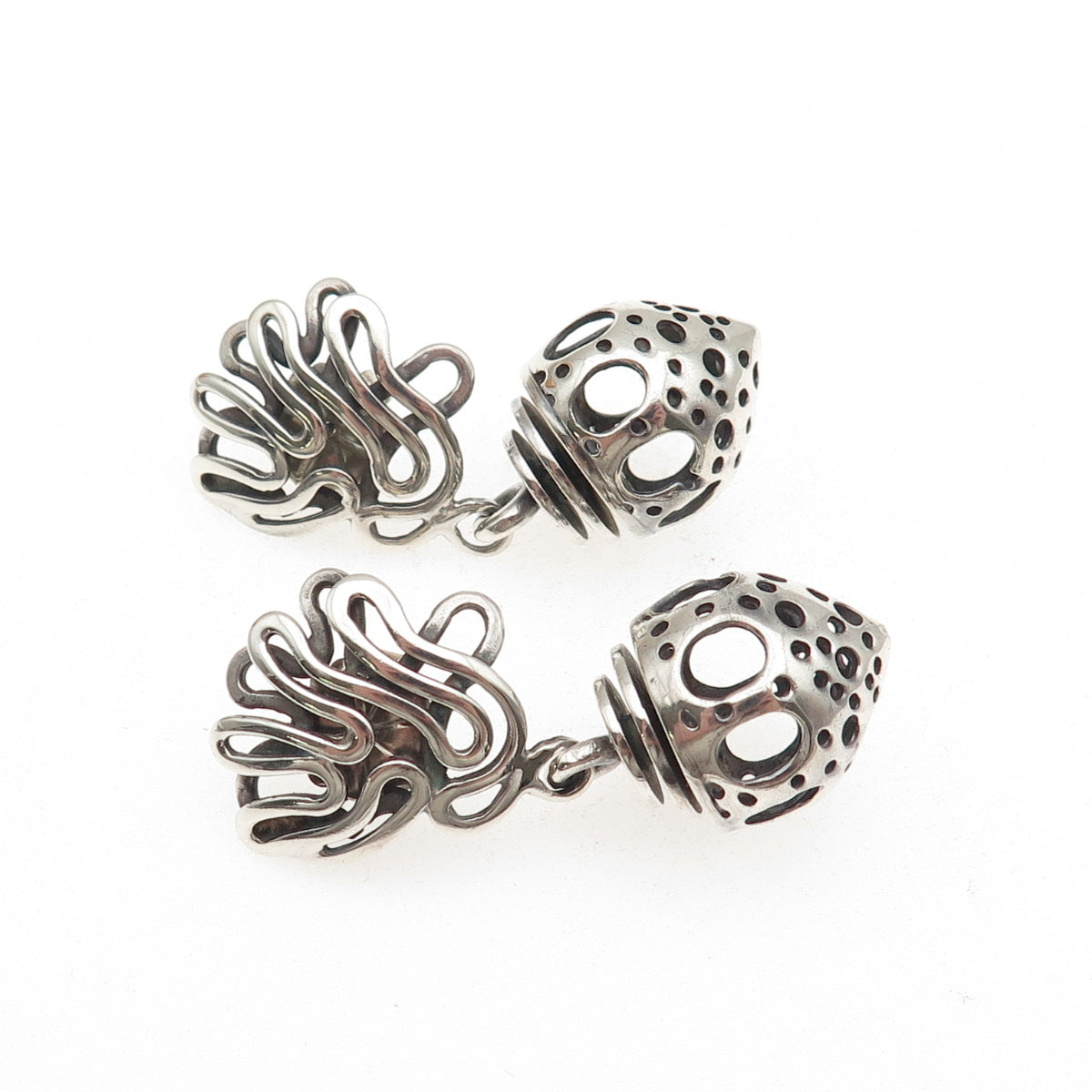 925 Sterling Silver Vintage Modernist Oxidized Bead Dangle Earrings
