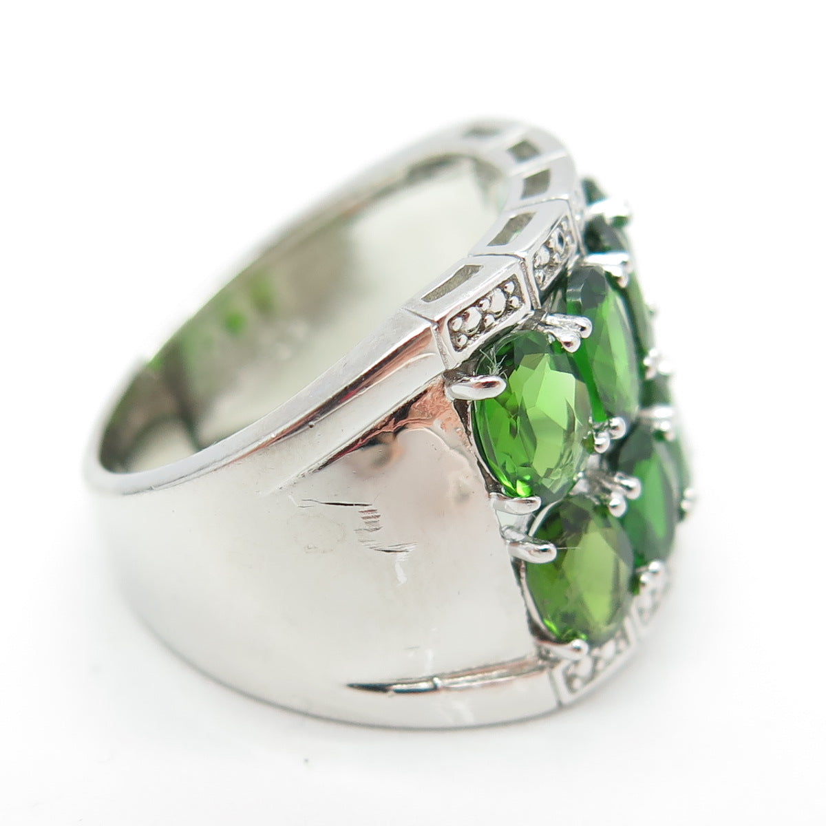 925 Sterling Silver Real Oval-Cut Chrome Diopside Cluster Ring Size 7.25