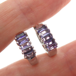 925 Sterling Silver Real Emerald-Cut Amethyst Hoop Earrings