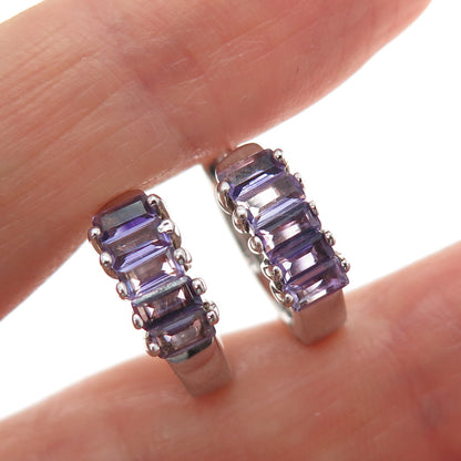 925 Sterling Silver Real Emerald-Cut Amethyst Hoop Earrings