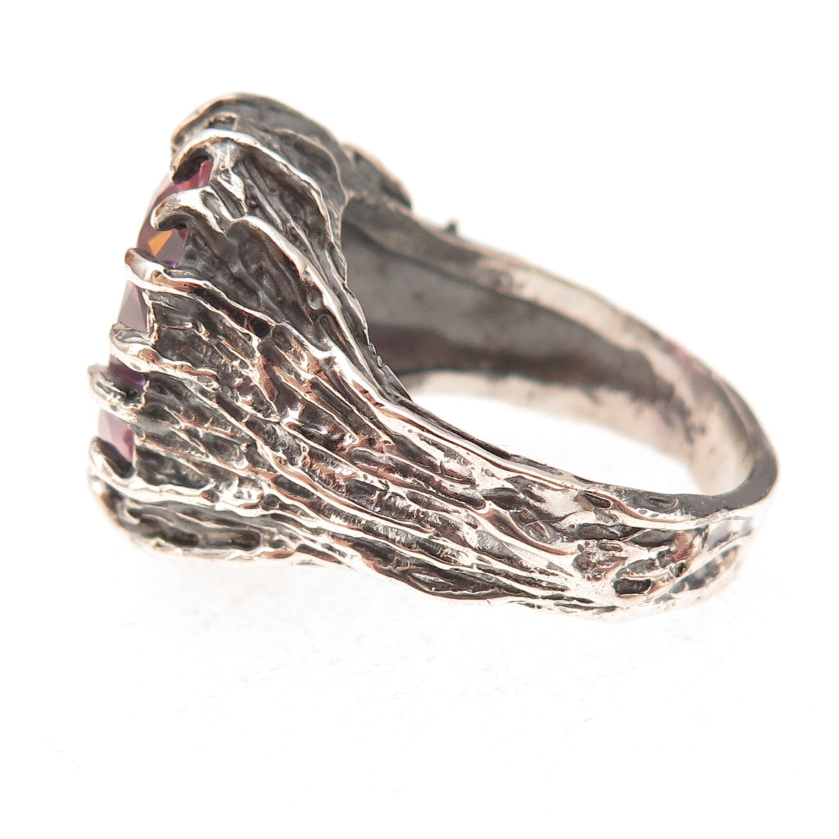 925 Sterling Silver Vintage Pink C Z Modernist Oxidized Ring Size 8.75