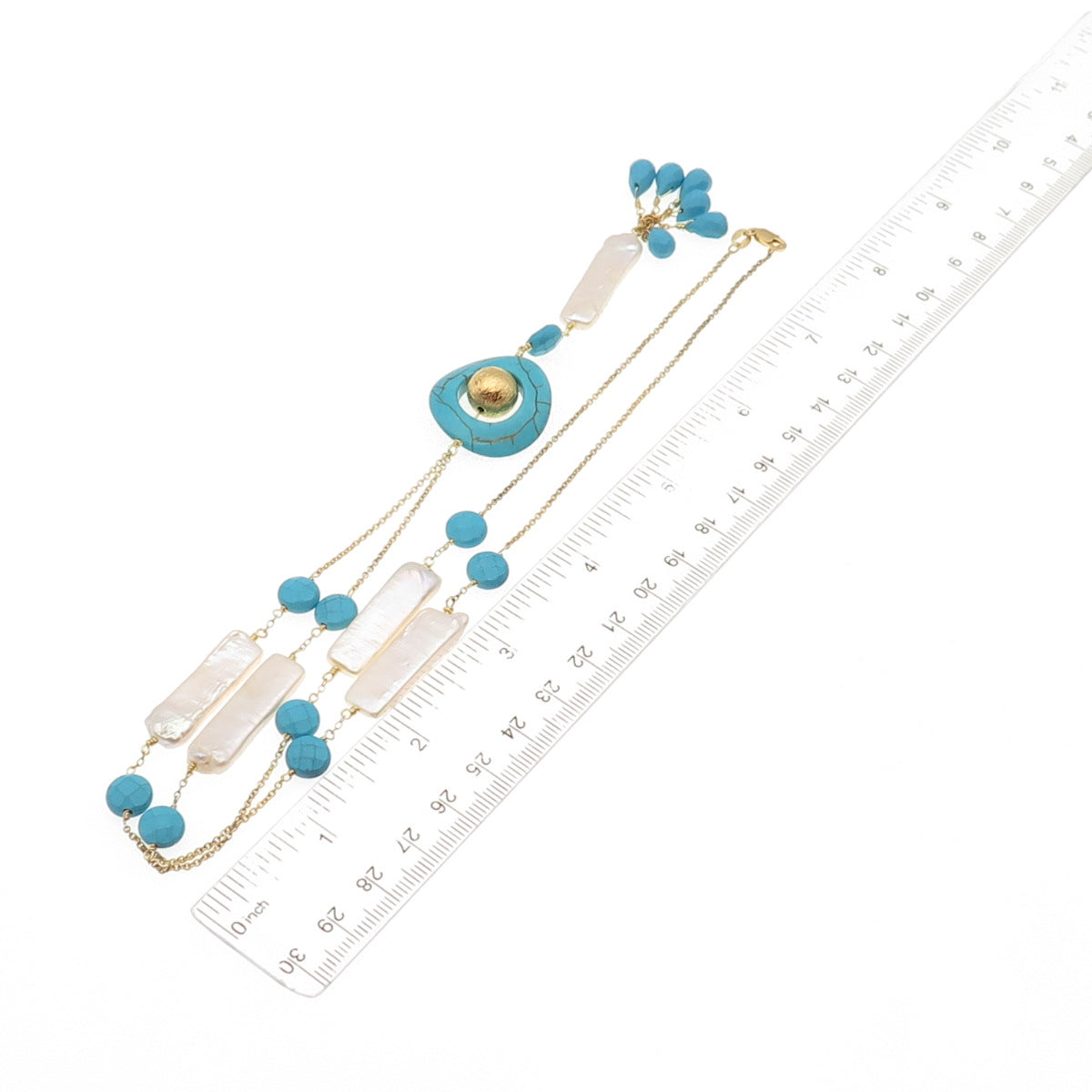 925 Sterling Silver Gold Plated Vintage Italy Real Pearl Turquoise Necklace 26"