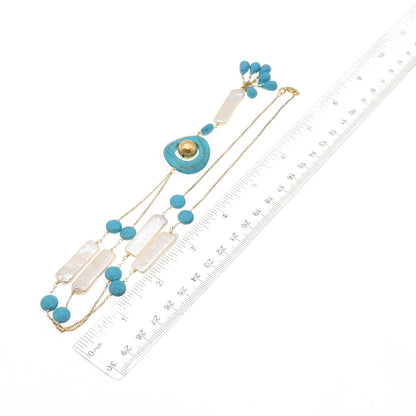 925 Sterling Silver Gold Plated Vintage Italy Real Pearl Turquoise Necklace 26"