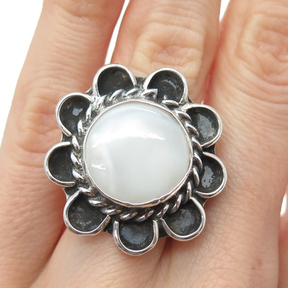 Old Pawn 925 Sterling Silver Vintage MOP Flower Oxidized Tribal Ring Size 5.5