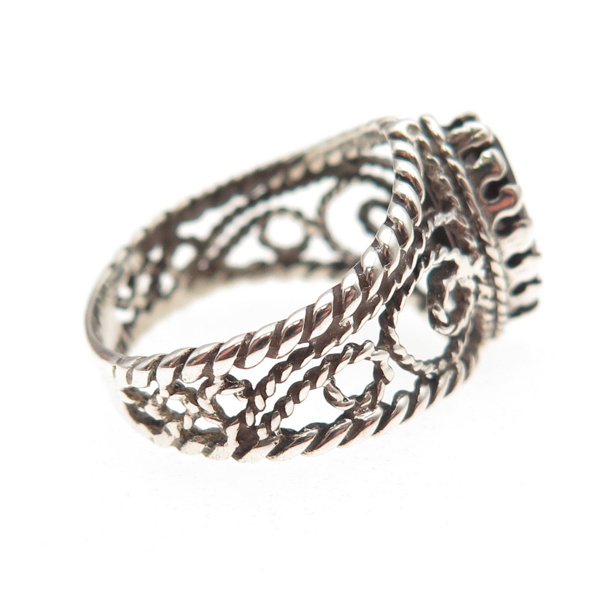925 Sterling Silver Vintage Real Marquise-Cut Garnet Swirl Oxidized Ring Size 6