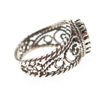 925 Sterling Silver Vintage Real Marquise-Cut Garnet Swirl Oxidized Ring Size 6