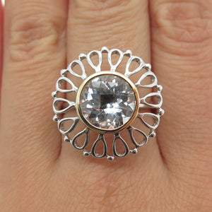18K Gold & 925 Sterling Silver Real Light Blue Topaz Floral Ring Size 8.25