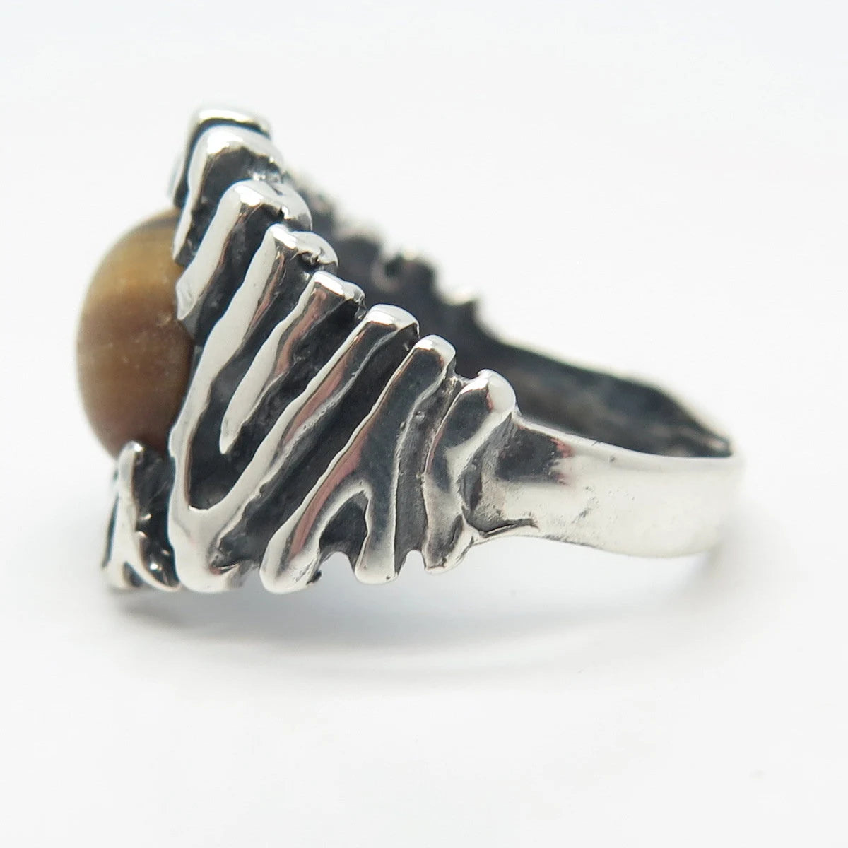 925 Sterling Silver Vintage Real Tiger Eye Gem Striped Ring Size 8.25
