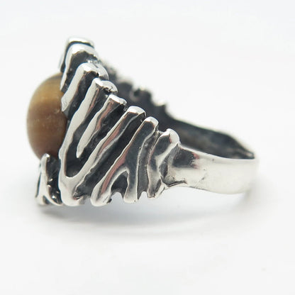 925 Sterling Silver Vintage Real Tiger Eye Gem Striped Ring Size 8.25