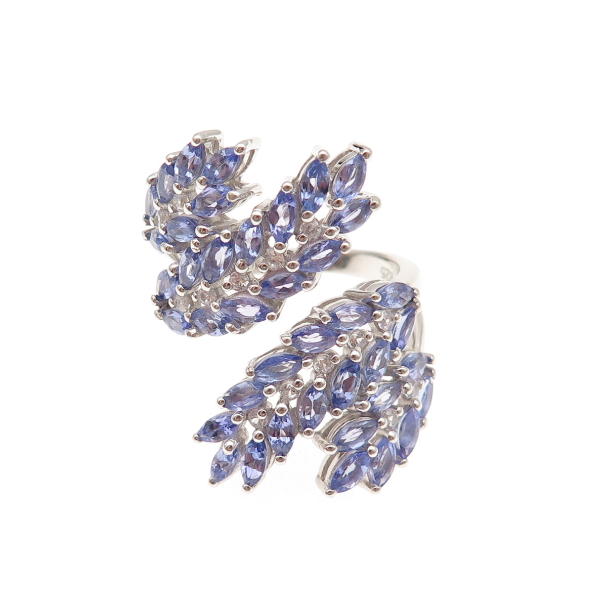 925 Sterling Silver Real Tanzanite & White Topaz Floral Adjustable Ring Size 8