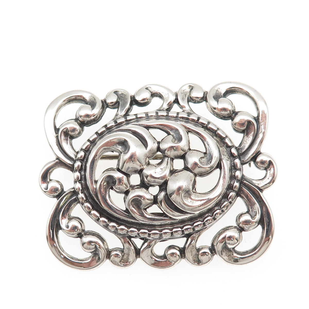 Danecraft 925 Sterling Silver Antique Art Deco Floral Scroll Oxidized Pin Brooch