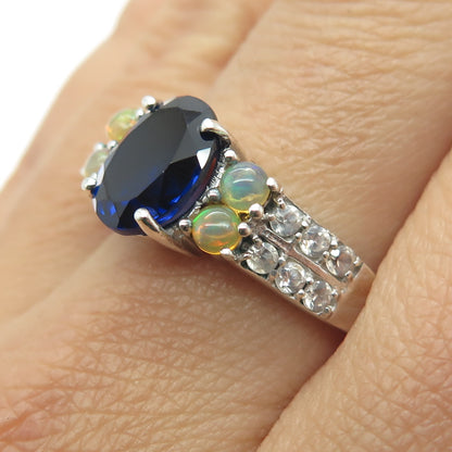 925 Sterling Silver Lab-Created Sapphire Real Opal & White Topaz Ring Size 8.75