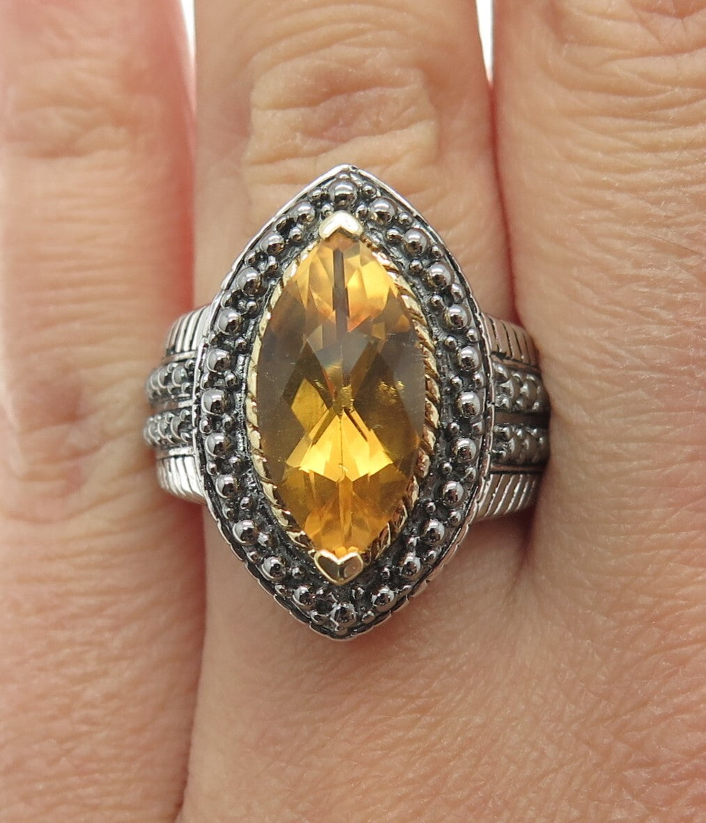 FADI 925 Sterling Silver Real Marquise-Cut Citrine Oxidized Ring Size 7.25