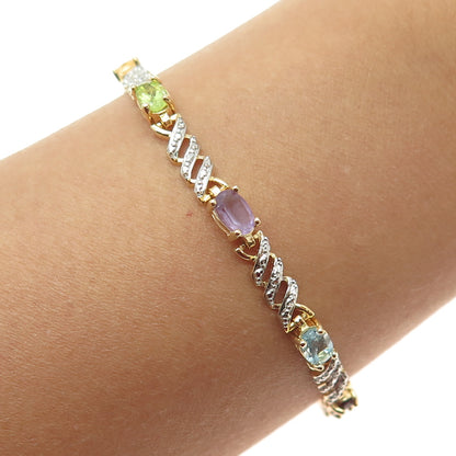 ROSS SIMONS 925 Sterling Silver 2-Tone Multi-Color Gem "X" Link Bracelet 7.25"