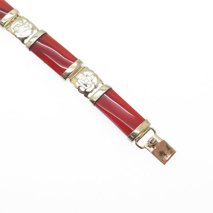 925 Sterling Gold Plated Vintage Real Carnelian Chinese Character Bracelet 7"