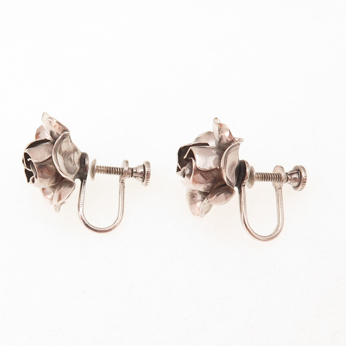 925 Sterling Silver Antique Art Deco Rose Flower Oxidized Screw Back Earrings