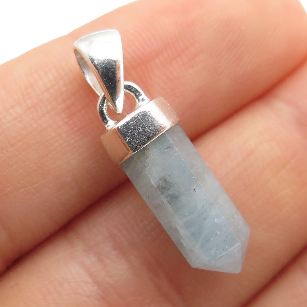 925 Sterling Silver Vintage Real Milky Aquamarine Amulet Charm Pendant