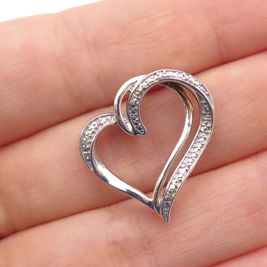 925 Sterling Silver Real Round-Cut Diamond Double Heart Slide Charm Pendant