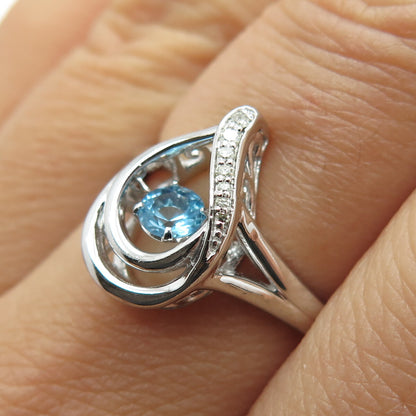SAI Sterling Silver Real Round-Cut Diamond & Blue Topaz Teardrop Ring Size 6.75