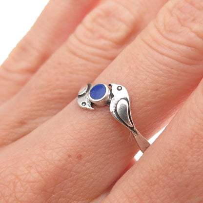 925 Sterling Silver Vintage Real Lapis Two Birds Oxidized Ring Size 9.25