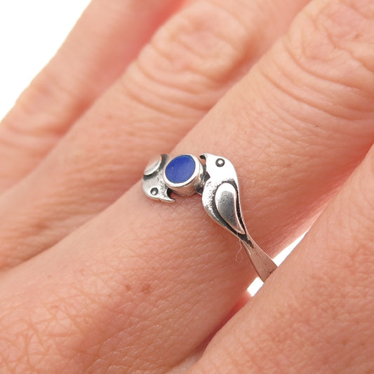 925 Sterling Silver Vintage Real Lapis Two Birds Oxidized Ring Size 9.25