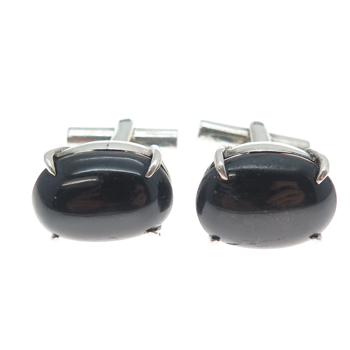 925 Sterling Silver Vintage Real Cabochon Black Obsidian Cufflinks