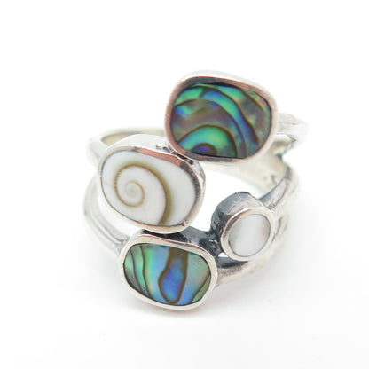 925 Sterling Silver Vintage Real Abalone Shell & MOP Modernist Ring Size 6.75