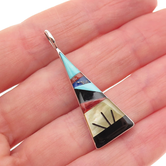 Old Pawn Sterling Silver Vintage Turquoise Coral Black Onyx Lapis & MOP Pendant