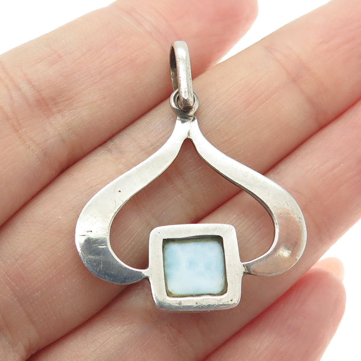 925 Sterling Silver Vintage Real Larimar Gemstone Modernist Pendant