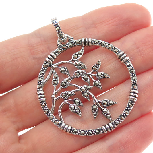 925 Sterling Silver Vintage Real Marcasite Floral Oxidized Charm Pendant