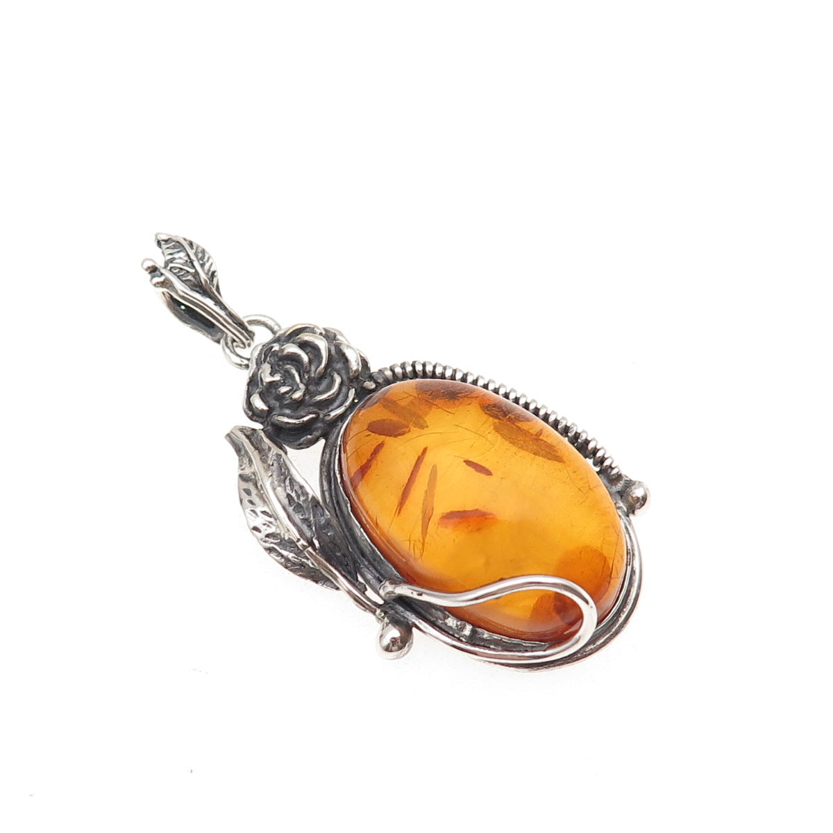 925 Sterling Silver Vintage Real Amber Rose Floral Oxidized Charm Pendant