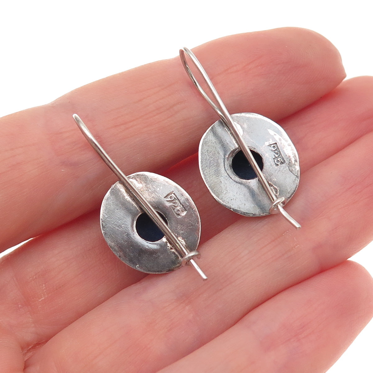 925 Sterling Silver Vintage Real Lapis Dotted Oxidized Earrings