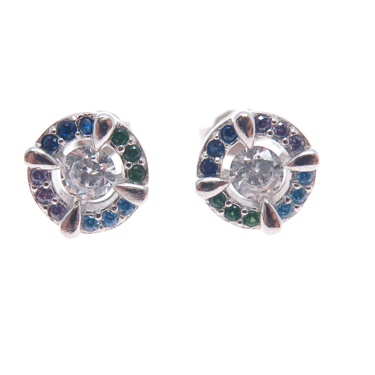 925 Sterling Silver Round-Cut Multi-Color C Z Stud Earrings