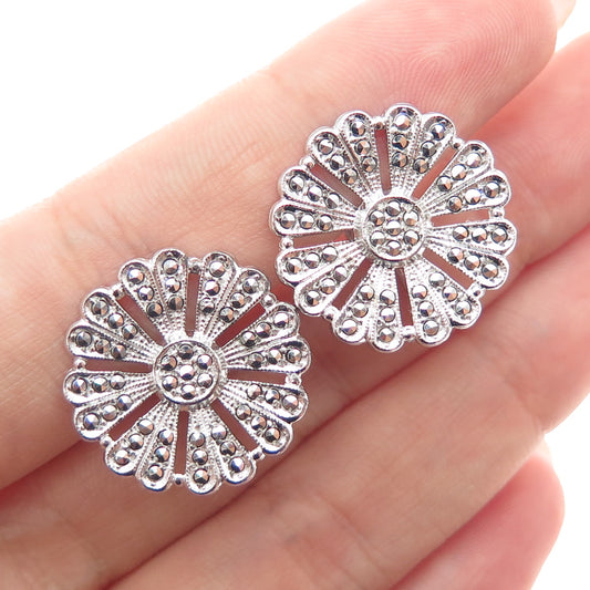 925 Sterling Silver Antique Art Deco Real Marcasite Flower Screw Back Earrings