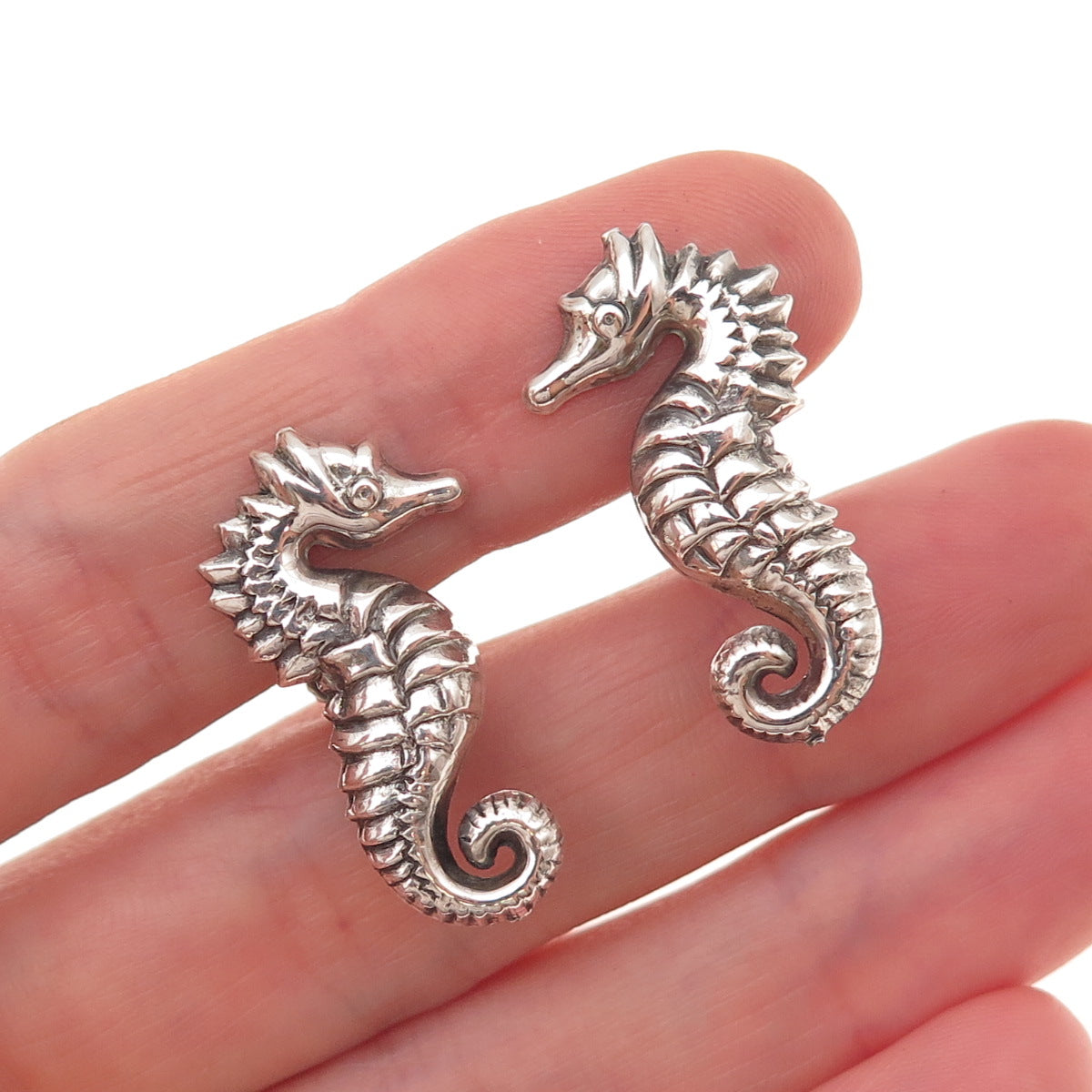 925 Sterling Silver Antique Art Deco Seahorse Oxidized Screw Back Earrings