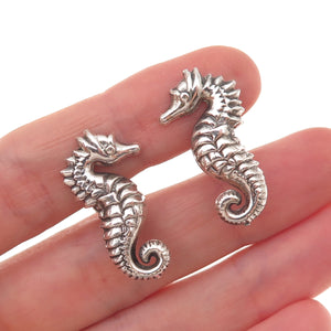 925 Sterling Silver Antique Art Deco Seahorse Oxidized Screw Back Earrings