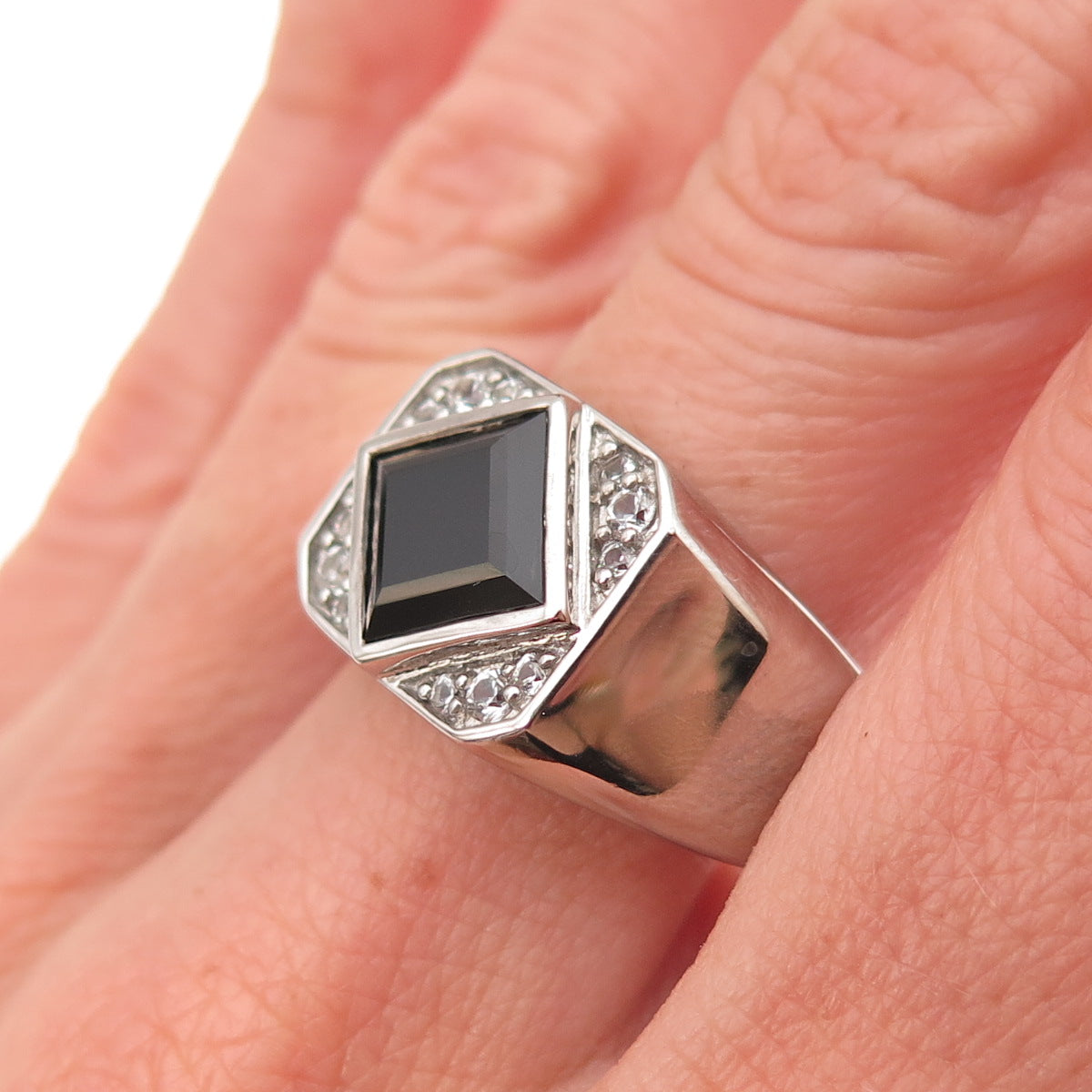 Han 925 Sterling Silver Real Black Spinel & White Topaz Ring Size 10